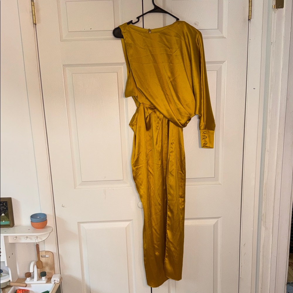 ASOS One-Shoulder Satin Dress in Mustard